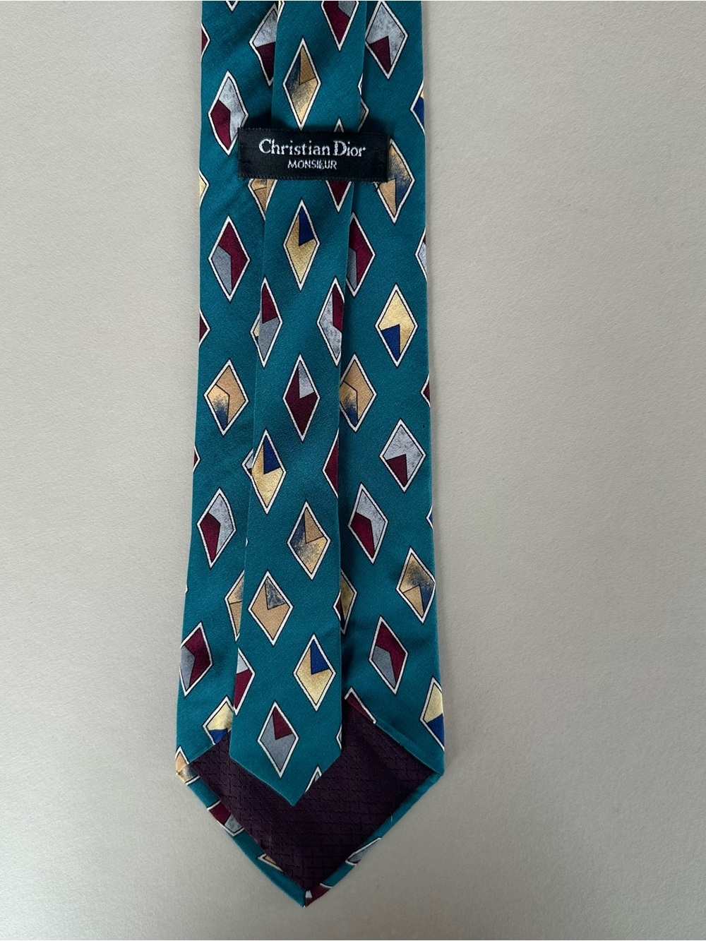 Vintage Christian Dior Monsieur 100% Silk Diamond Print Geometric Necktie Teal